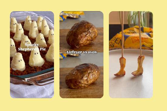 A collage comparing spooky shepherd’s pie with ghostly mashed potato faces, roasted potatoes, and chicken drumsticks on sticks against a yellow background.