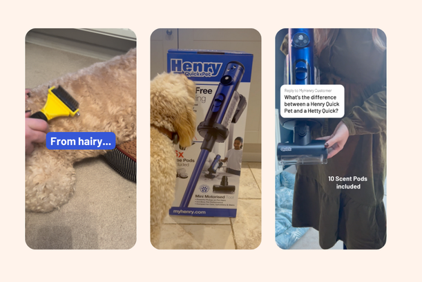 Three images showing a dog being groomed, a pet vacuum cleaner, and a person holding the vacuum with scent pods, with text explaining pet grooming products.