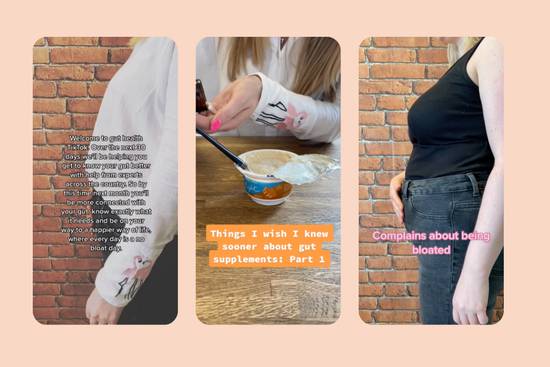Three vertical images with text overlays: a person in front of a brick wall, another using a phone and eating, and a woman in a black top and jeans, also against a brick wall.