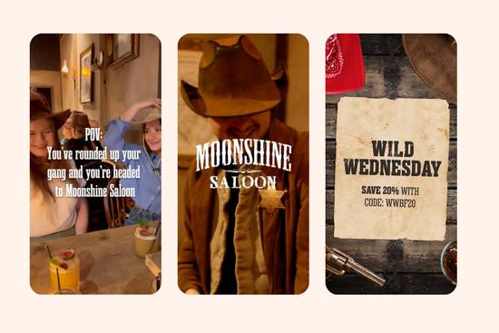 Three images: friends in cowboy hats at Moonshine Saloon, a person in a cowboy outfit with "Moonshine Saloon" text, and a rustic coupon for 20% off WILD WEDNESDAY.