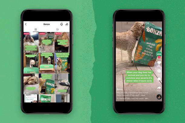A dog looking at a large Bonza dog food bag with green text overlay, with multiple TikTok videos of the dog and product on two smartphones.