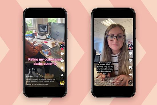 Two smartphones displaying TikTok videos: one showing a cluttered office desk with a person, and the other featuring a woman with glasses in an office environment.