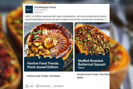 Two plant-based festive dishes: a large meatless roast with vegetables and herbs, and a tray of stuffed roasted butternut squash, presented on plates.