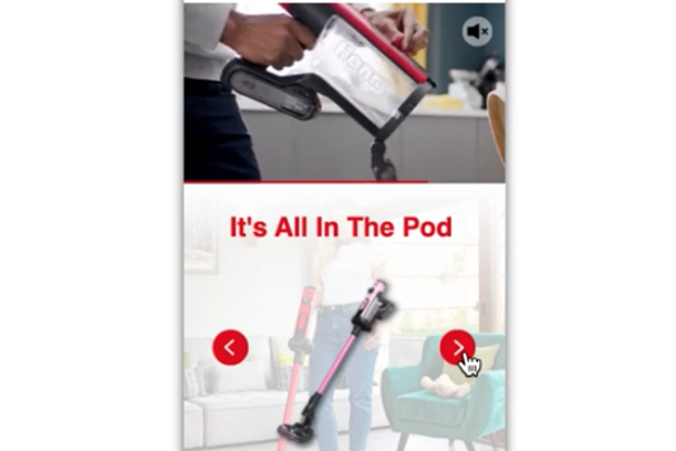 Hands using a cordless vacuum cleaner on a sofa, with a person and another vacuum in the background and promotional text for Henry Quick and its accessories.