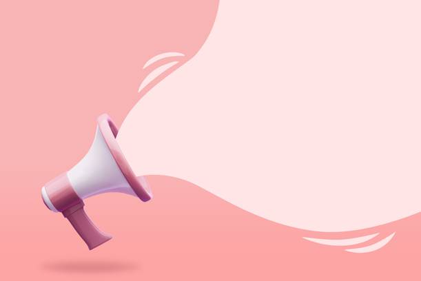 A pink and white megaphone emitting a speech bubble against a pink background.