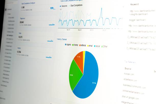 A computer screen displaying analytics with a line graph at the top and a colourful pie chart below, showing data distribution.