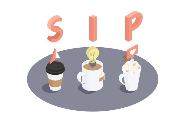 Three coffee cups with creative toppings and a "sip" sign above, arranged on a circular grey surface with the word "SIP" above them.