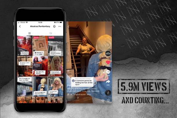 A phone screen displaying TikTok videos in front of a bar, with a woman in uniform in the background, and the text "5.9M VIEWS AND COUNTING…" over a dark textured background.