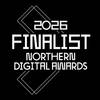 A geometric design with the text “2023 Finalist Northern Digital Awards” in bold, white letters on a black background.