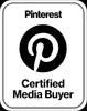 A badge labeled "Pinterest Certified Media Buyer" featuring the Pinterest logo, with a rounded rectangle border and a minimalistic design.