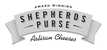 Award-winning helm-shaped badge with text "Shepherds Purse Artisan Cheeses" in black, white, and grey tones.