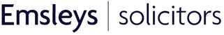 The Emsleys solicitors logo features the company name in bold navy and dark purple text, with "solicitors" in a lighter, slim font.