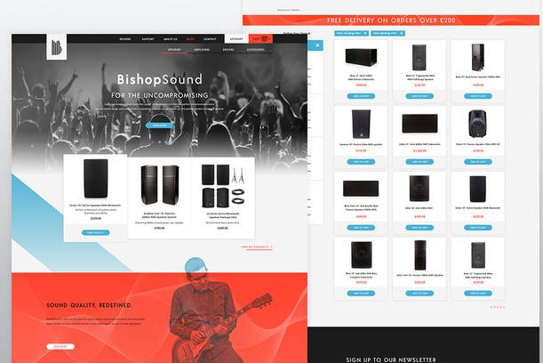 A website featuring audio equipment, with a black and white concert crowd background, product listings and a red promotional banner at the top.