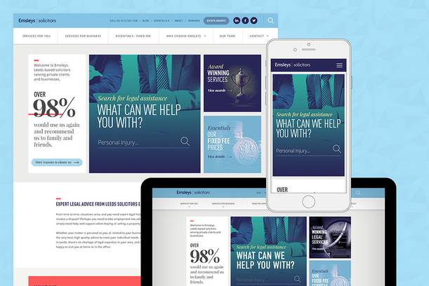 Website and mobile app screens displaying a law firm's homepage with a blue theme, showing a search prompt for legal assistance and various service sections.
