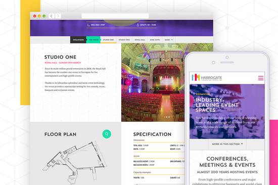 An event venue website featuring a colourful auditorium, floor plan, and conference information displayed on a computer and smartphone.