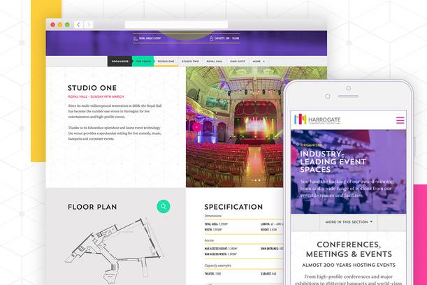 An event venue website featuring a colourful auditorium, floor plan, and conference information displayed on a computer and smartphone.