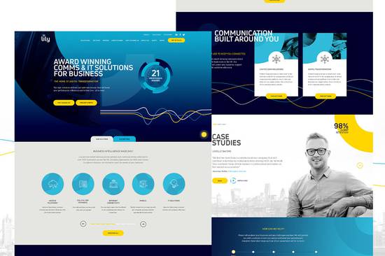 A man with glasses smiling at a desk with a cityscape background, part of a website layout featuring blue, yellow, and grey design elements.