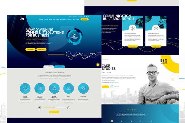 A man with glasses smiling at a desk with a cityscape background, part of a website layout featuring blue, yellow, and grey design elements.