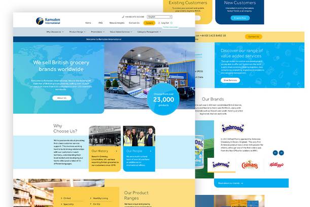 A screenshot of Ramsden International's website homepage, showcasing sections about their products, brands, and company information with a blue and yellow colour scheme.
