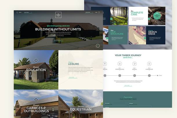 Collage of website pages showcasing timber building projects, brochures, and design ideas, with an emphasis on sustainable construction and services.