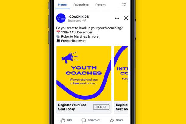 Smartphone displaying a sponsored ad for youth coaching event featuring yellow and blue graphics, with options to register for free seats.