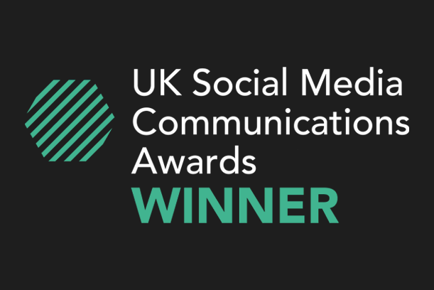 UK Social Media Communications Awards logo with the word "WINNER" below on a black background.