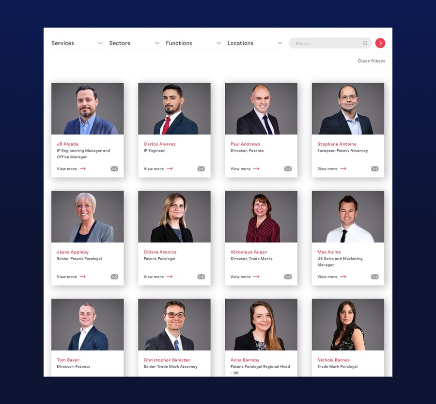 Collection of professional profile photos of men and women, displayed in a grid format on a website interface with filter options at the top.