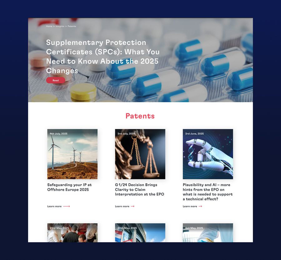 An webpage featuring articles on patents, including images of wind turbines, a gavel, a robotic hand, and other technological themes.