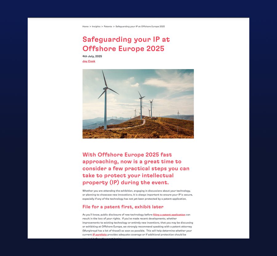Wind turbines on a hill under a partly cloudy sky, with red text about safeguarding IP and offshore Europe 2025 on a white webpage background.
