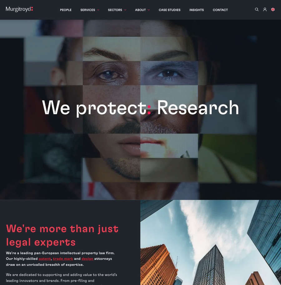 Collage of diverse faces with the text "We protect: Research" overlaid, and an image of tall skyscrapers against a partly cloudy sky.