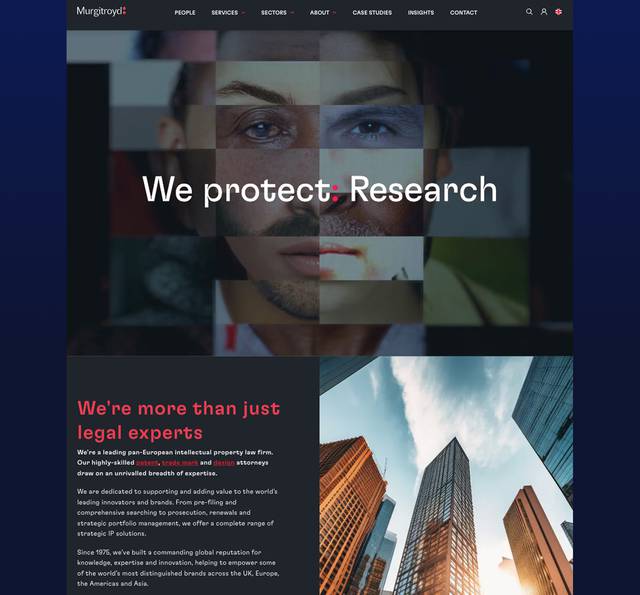 A website homepage featuring a mosaic image of diverse faces with the slogan "We protect: Research" and a section showing tall city skyscrapers against a blue sky.
