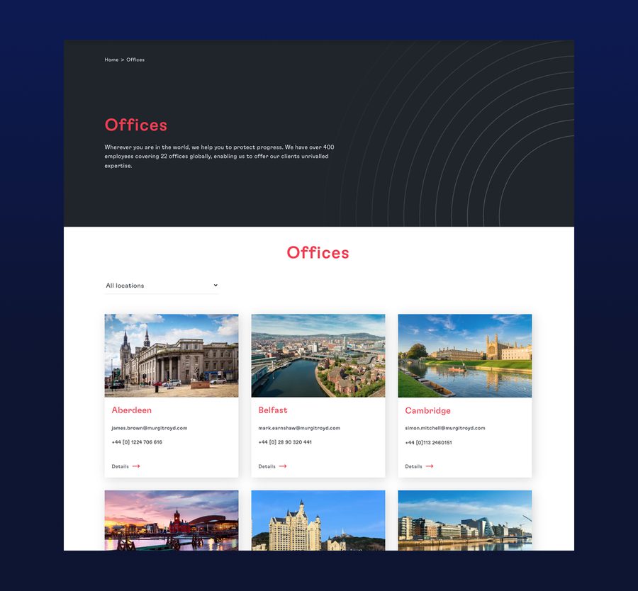 A webpage displaying office locations with images of Aberdeen, Belfast, and Cambridge, each showing cityscapes and contact information.