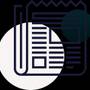 Dark navy line icon of a newspaper with a torn top edge, a picture placeholder and text lines, set against faint pink and teal circles.