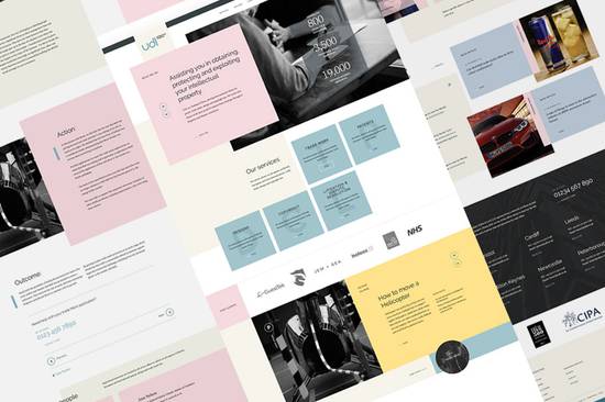Collage of website mockups with various layouts, images, and text sections in pastel colours and black-and-white elements.