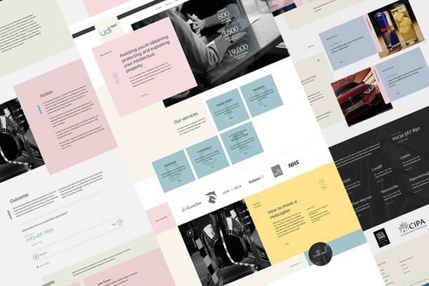 Collage of website mockups with various layouts, images, and text sections in pastel colours and black-and-white elements.