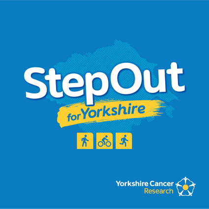 Campaign logo for Step Out for Yorkshire, promoting walking, cycling, and running for Yorkshire Cancer Research, with a map outline and icons.