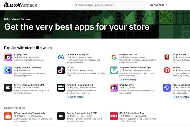 Shopify app store homepage showcasing popular apps, ratings, and descriptions for enhancing e-commerce stores, with a modern green-themed design.