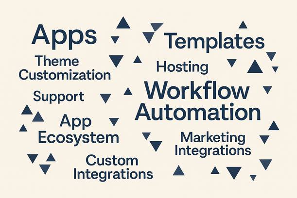 A visually dynamic layout of keywords related to workflow automation, including "Apps," "Templates," and "Marketing Integrations," surrounded by triangles.