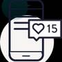Line icon of a smartphone with a speech bubble containing a heart and the number 15, on a soft teal and pale background circle.
